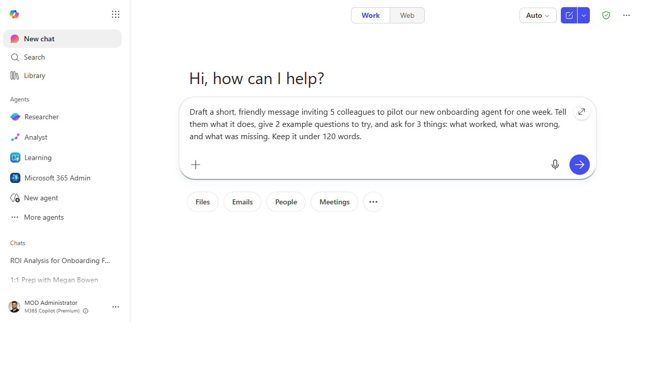 Prompt asking Copilot to draft a one-week pilot invite with example questions and three feedback buckets
