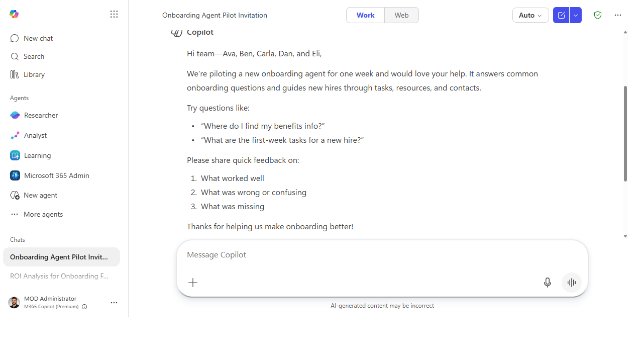 The drafted invite with two example questions and worked/wrong/missing feedback buckets