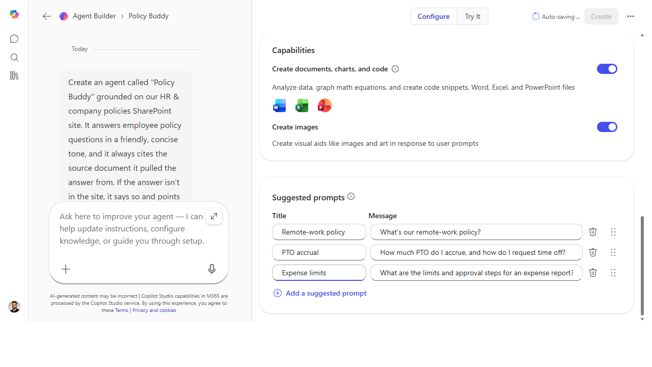 Suggested prompts section with three title-and-message starter prompts filled in