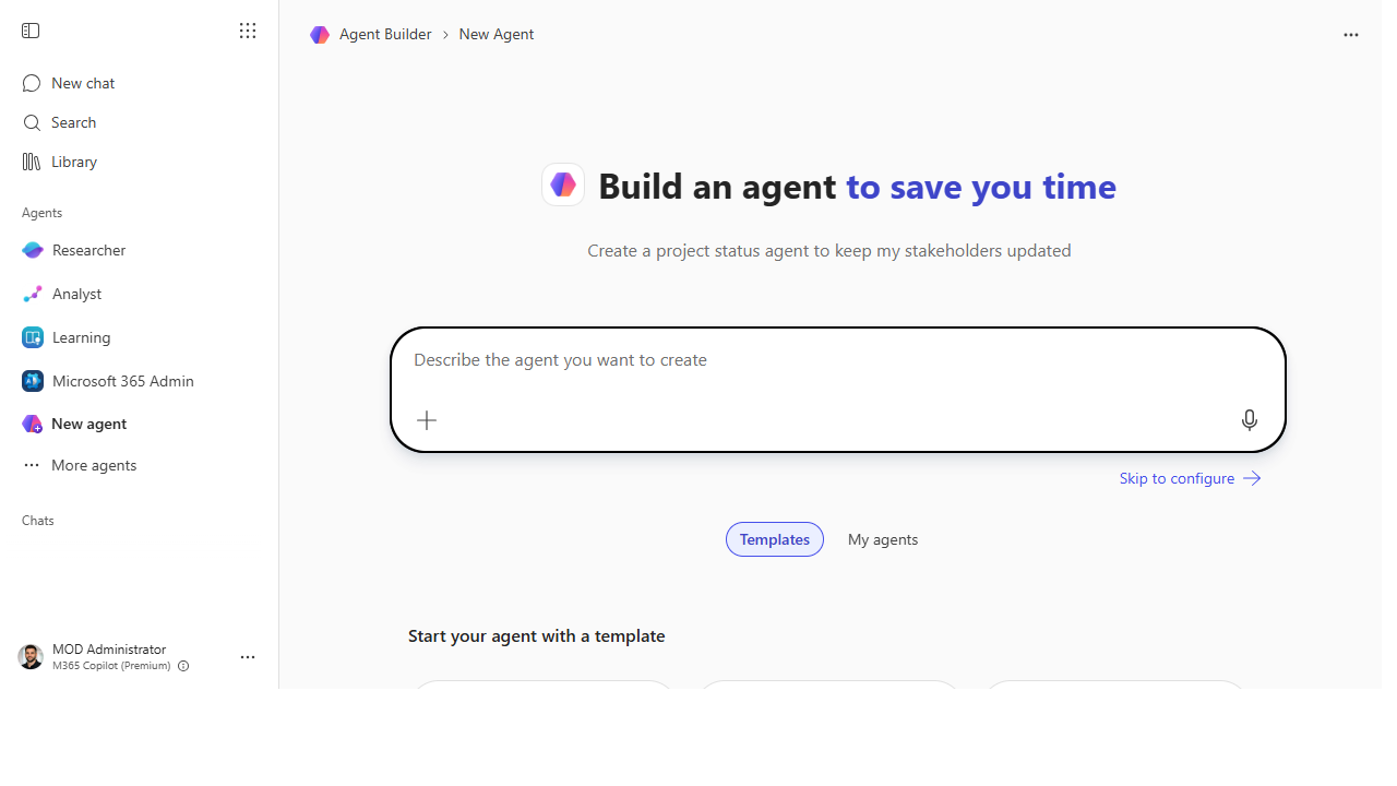 Agent Builder home with a Describe box and templates