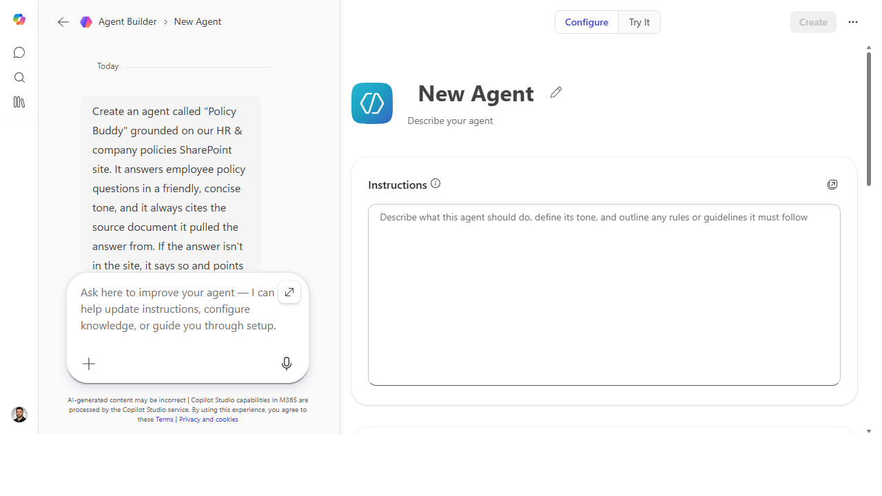Split view with build conversation on the left and the Configure panel on the right