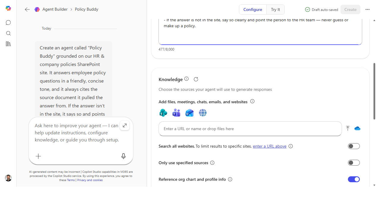 Knowledge section with SharePoint, Teams, Outlook and web source options and grounding toggles