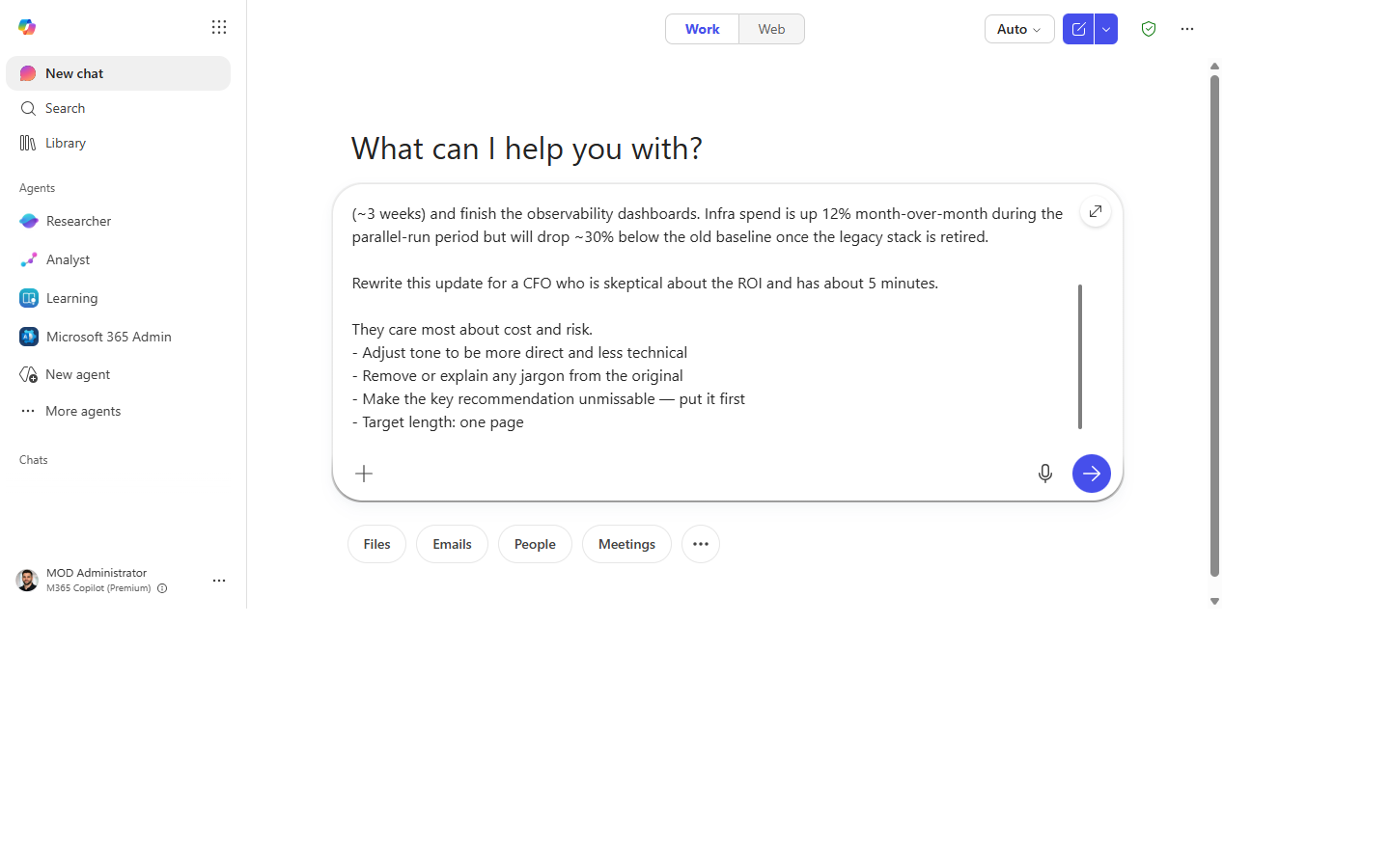 The adapt-for-audience prompt typed into the composer