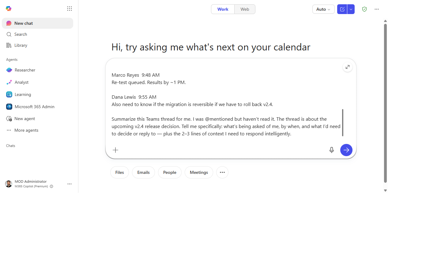 The catch-up prompt typed into the composer