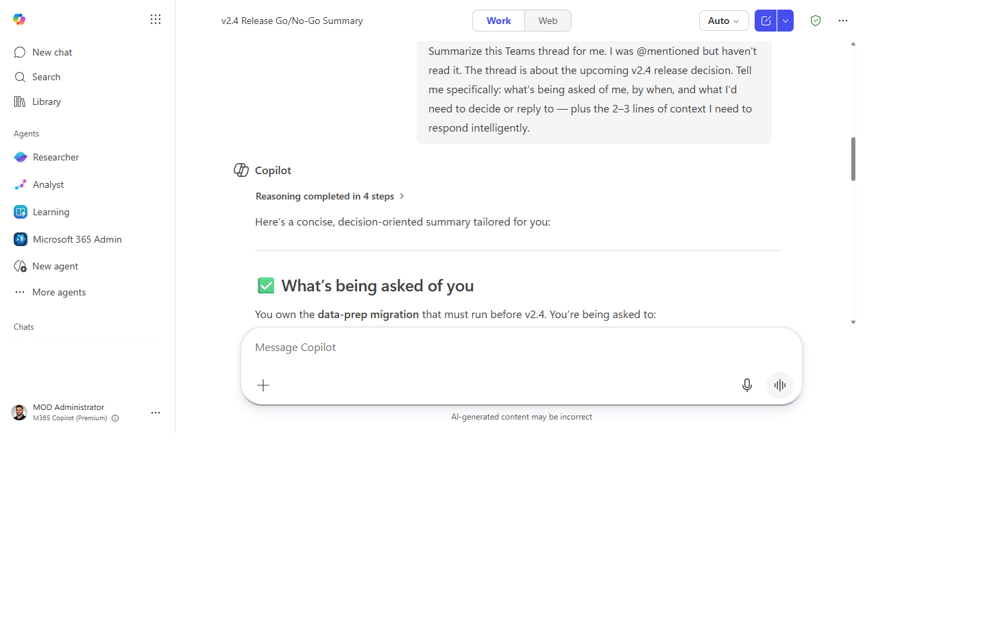 Copilot's response with the ask, the deadline, and context