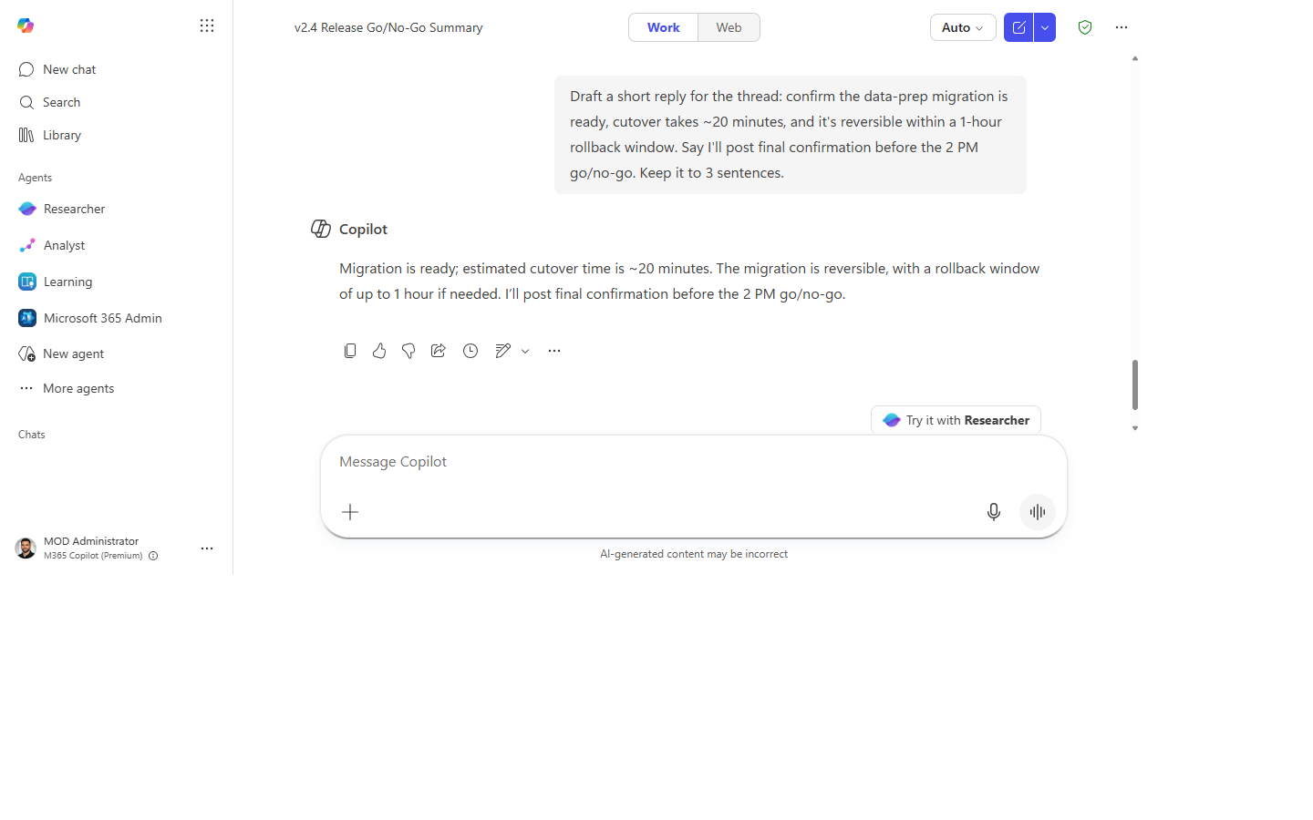 A drafted reply confirming the task and requesting more time