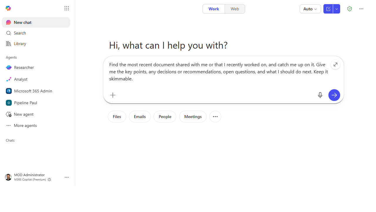 The catch-up prompt asking Copilot to find and summarize a recent document