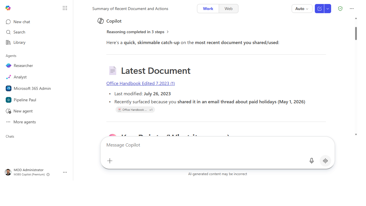 Copilot's grounded catch-up citing the actual document