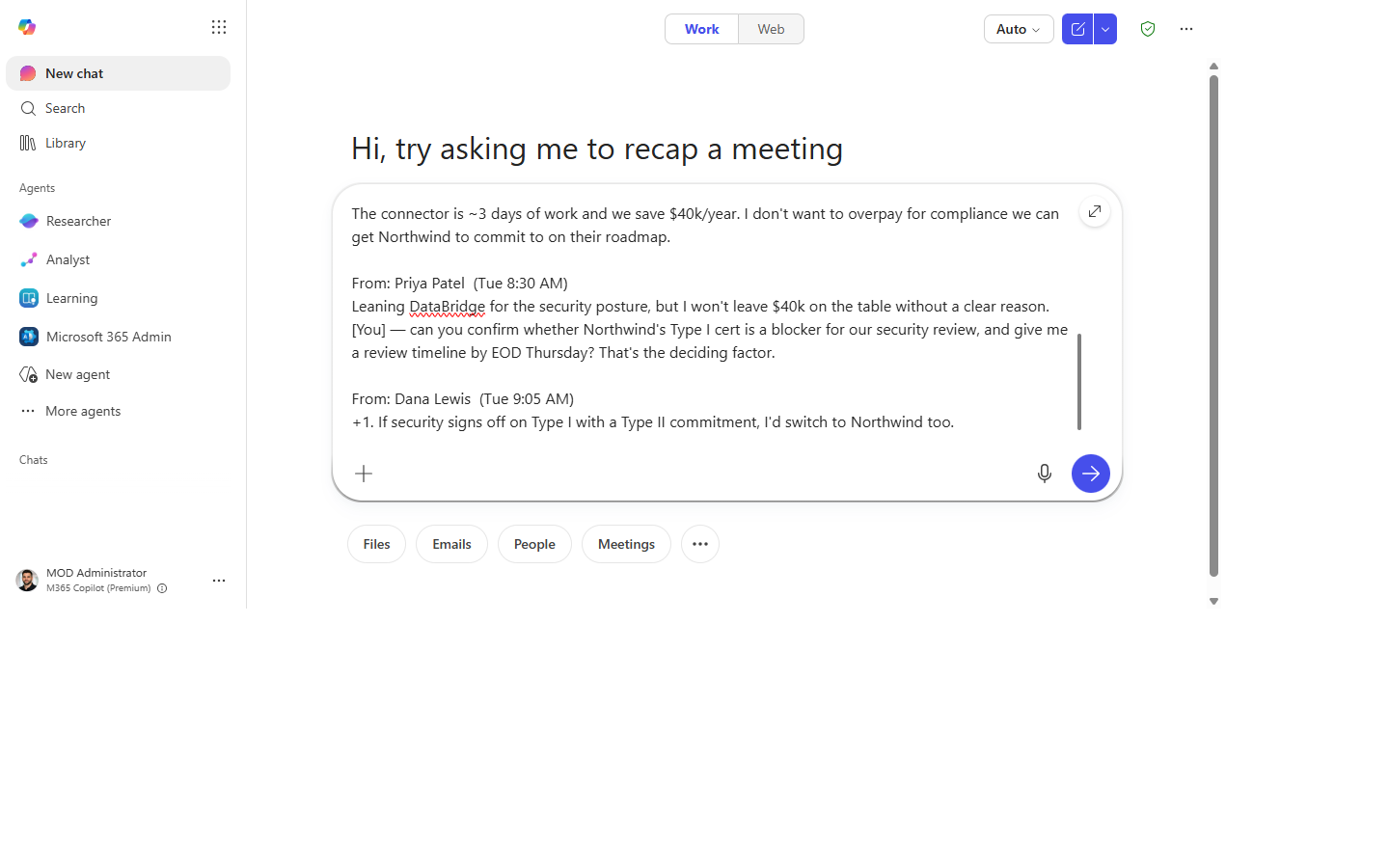 Microsoft 365 Copilot Chat ready with the email thread