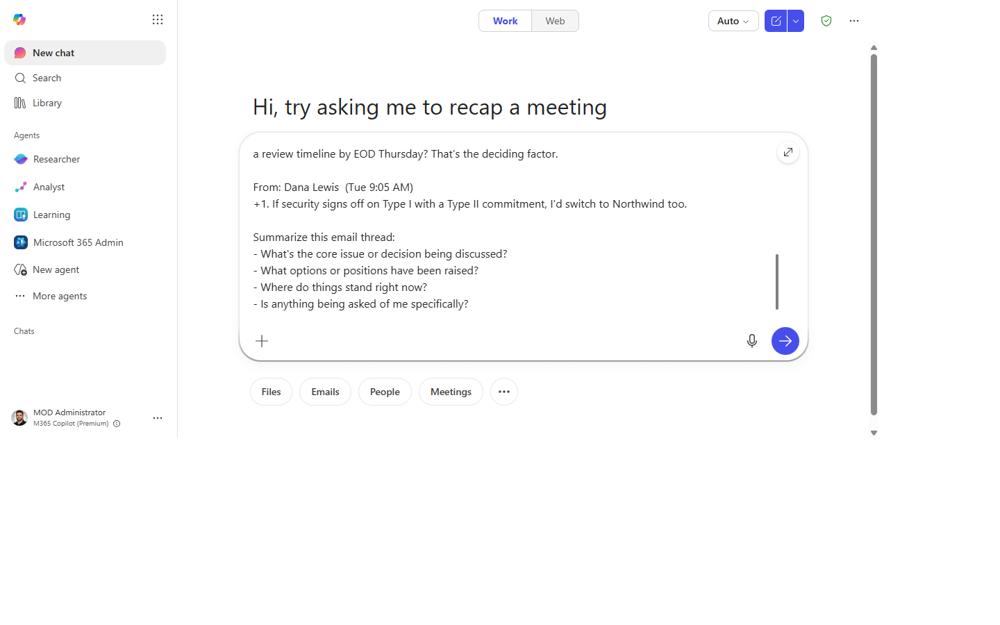 The email summary prompt typed into the composer