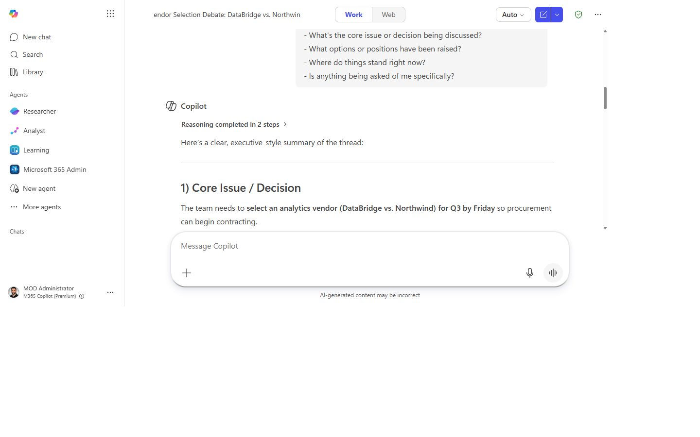 Copilot's structured summary of the email thread
