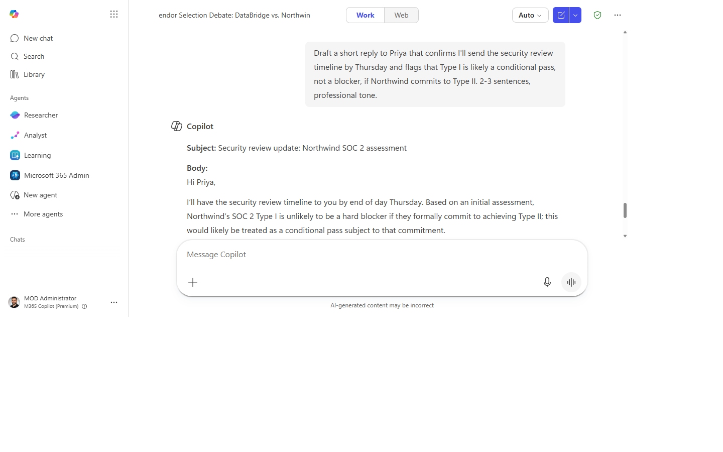 A short drafted reply in a professional tone