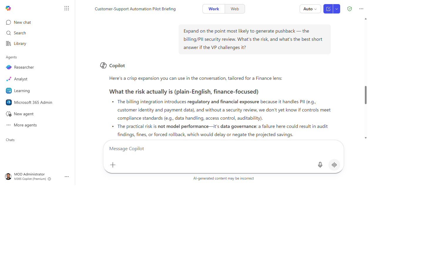 The likely-question point expanded with risk and a short answer