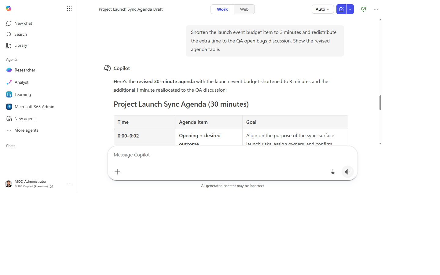 The agenda with one item shortened and time redistributed