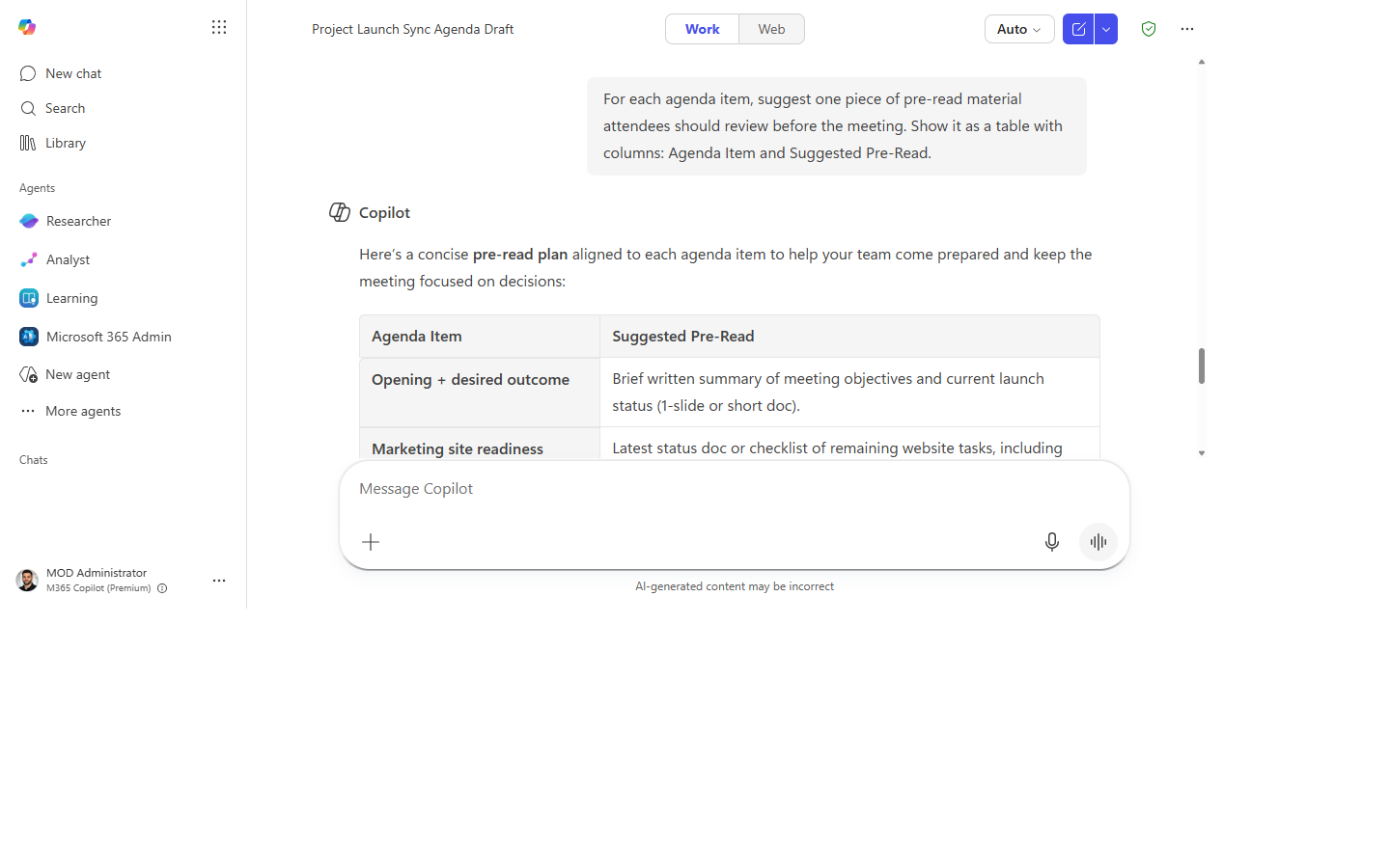 Each agenda item with a suggested pre-read