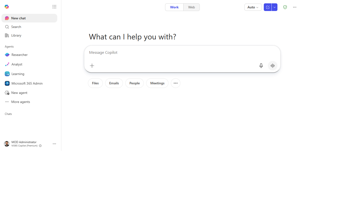 Microsoft 365 Copilot Chat open with an empty composer