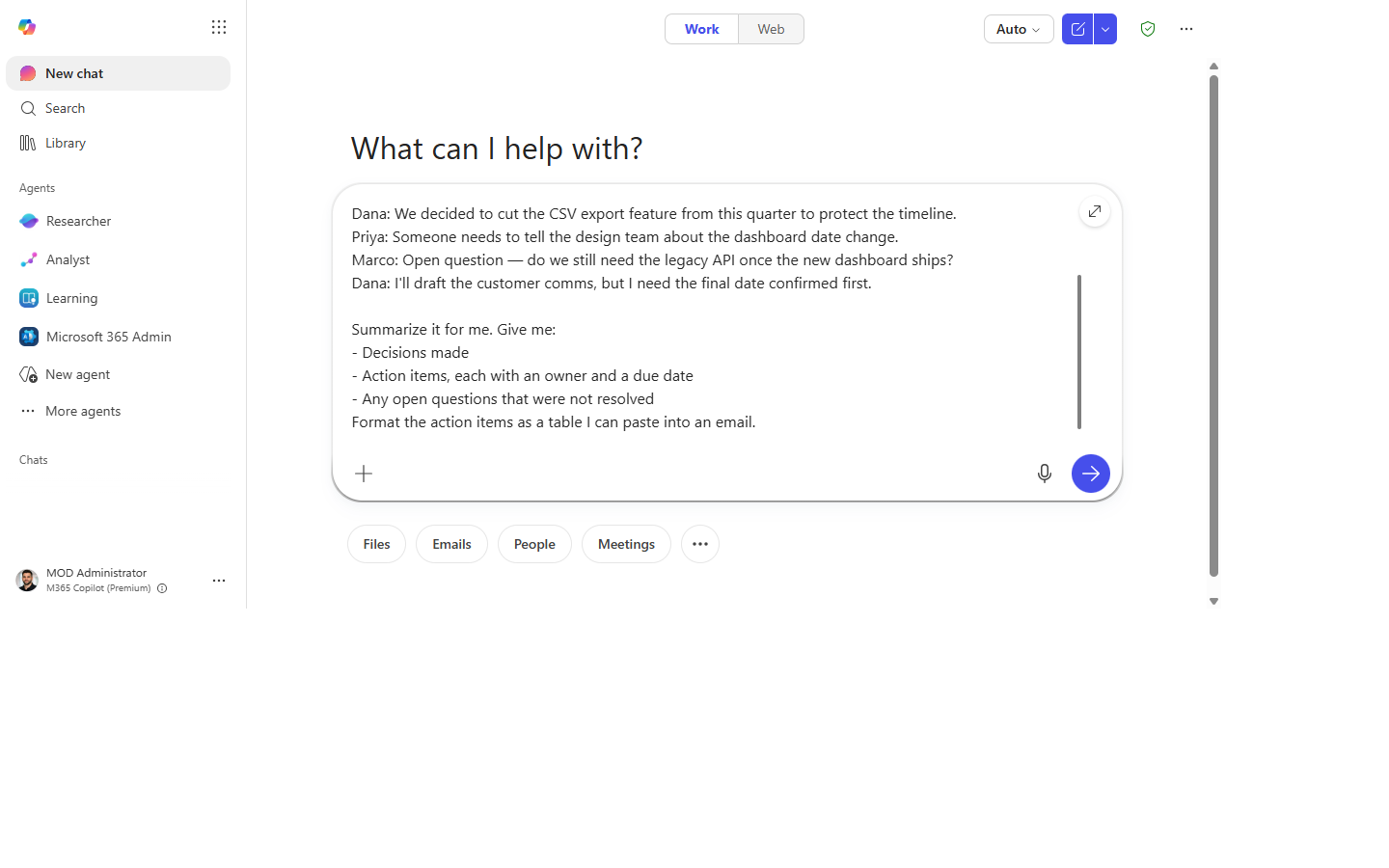 The meeting follow-ups prompt typed into the composer
