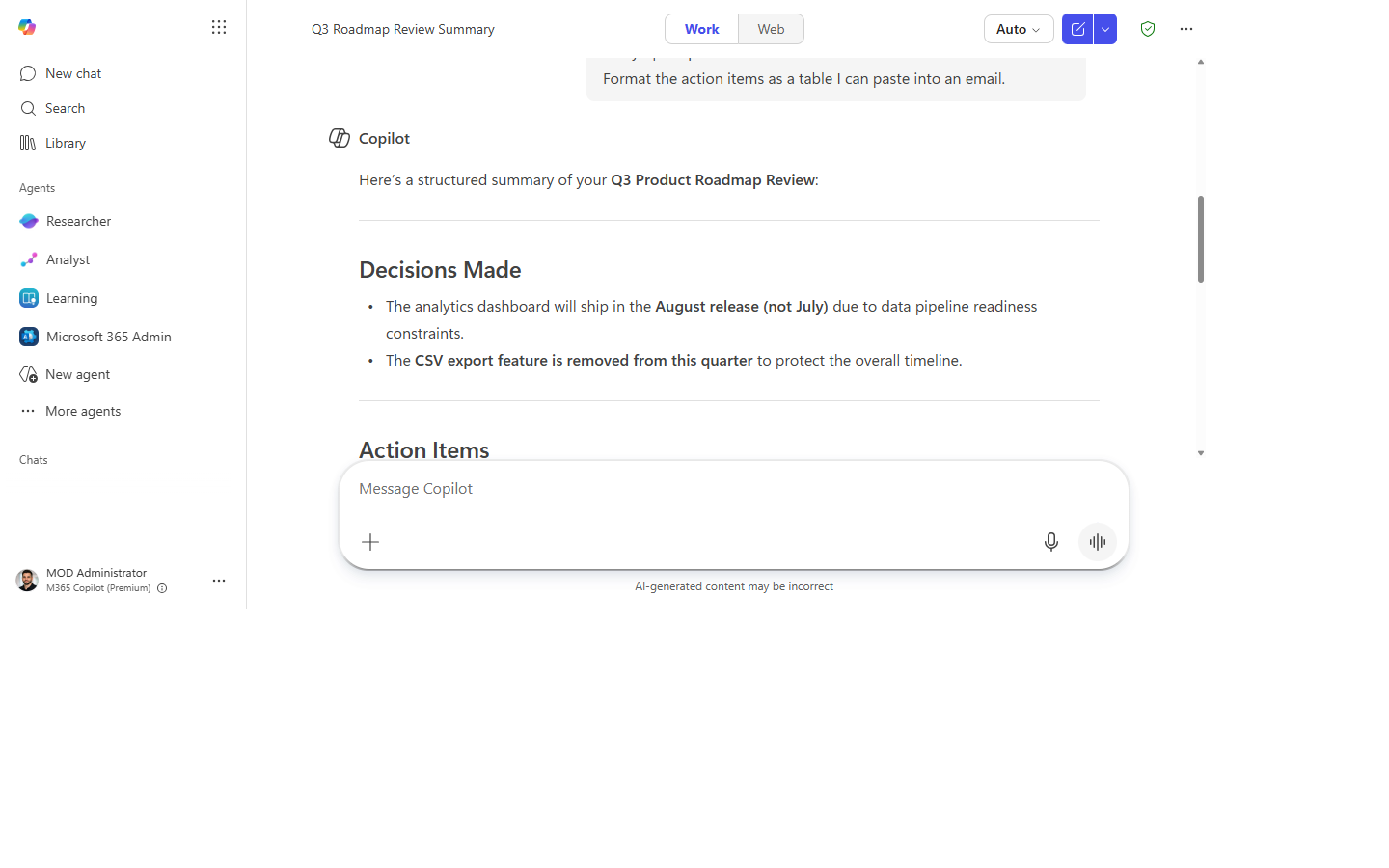 Copilot's response with a decisions list and an action-item table