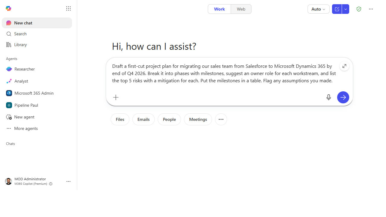 The project-plan prompt for a CRM migration in the Copilot composer