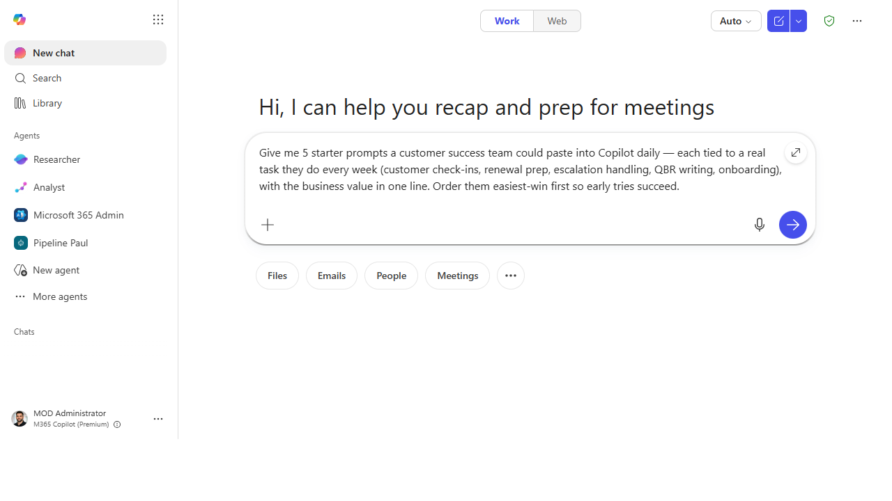 The prompt asking for 5 role-specific starter prompts in the Copilot composer