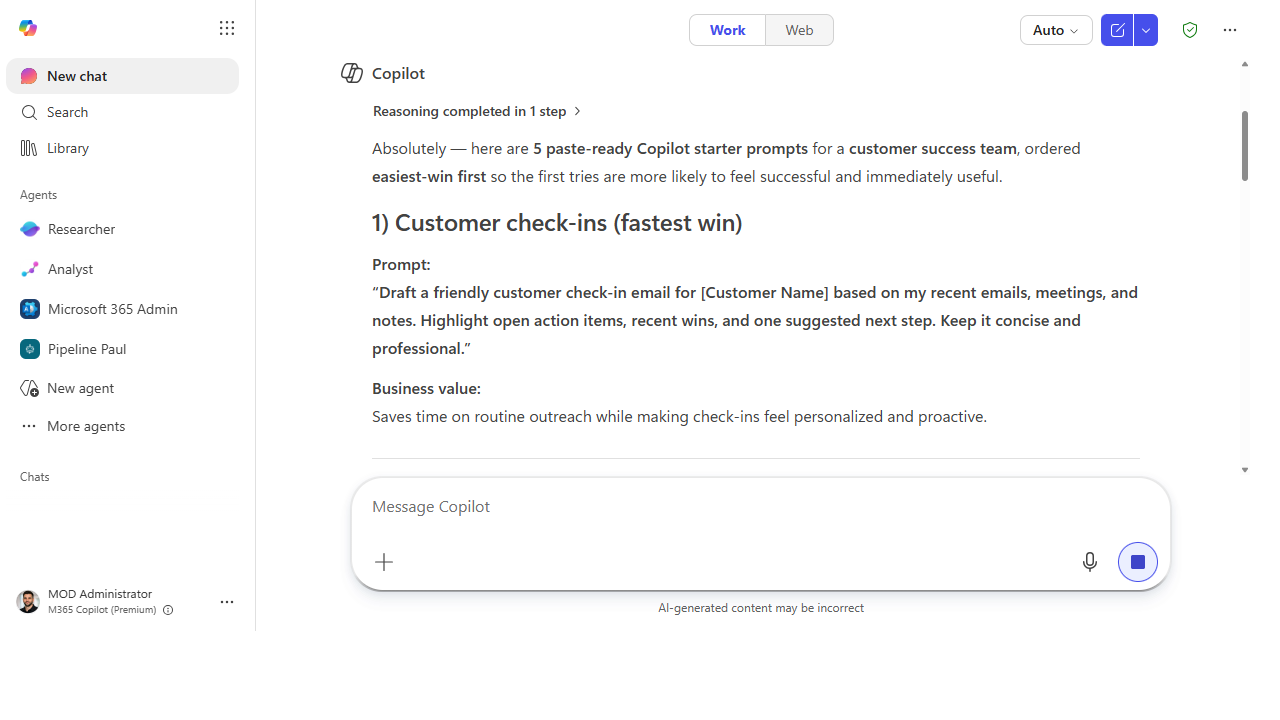 Copilot's five paste-ready starter prompts ordered easiest-win first