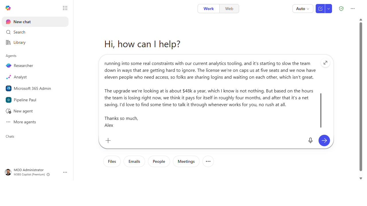 A wordy draft email and the rewrite instruction in the Copilot composer