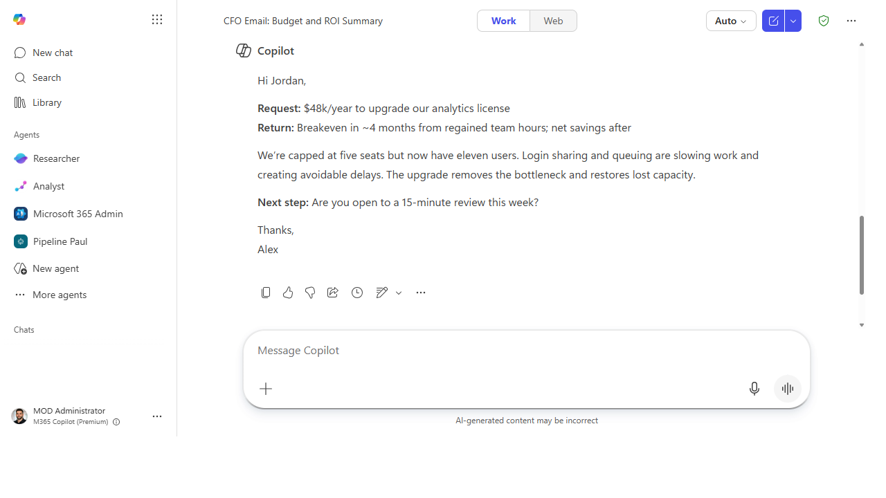 Copilot's tightened rewrite leading with the ask