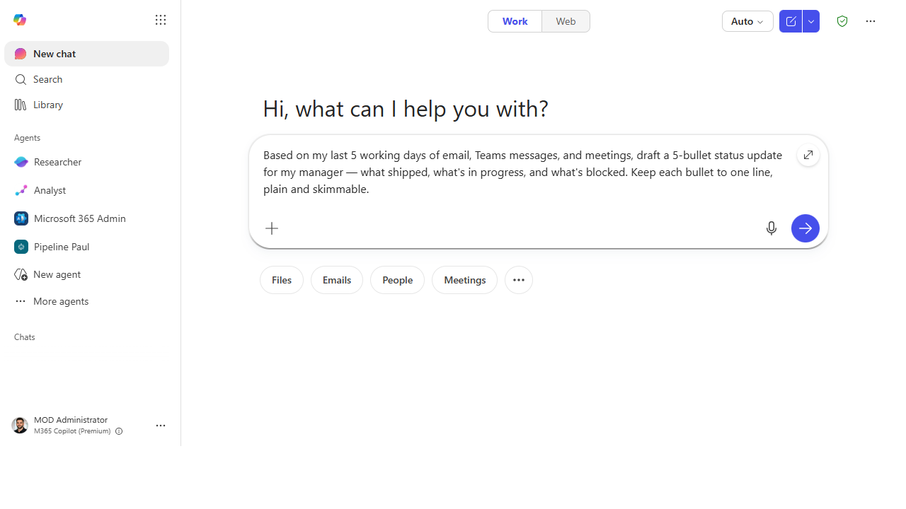 The weekly-status prompt scoping the window, sources, and structure