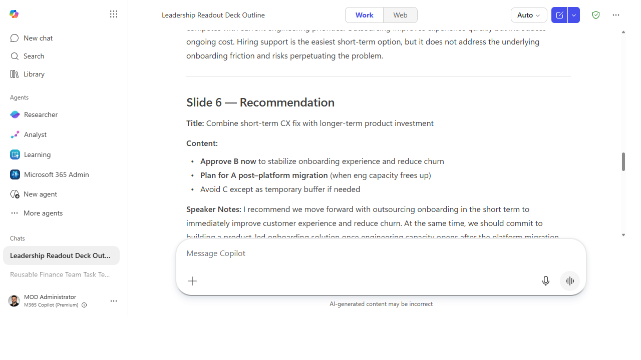 A slide-by-slide deck outline with titles, content, and drafted speaker notes