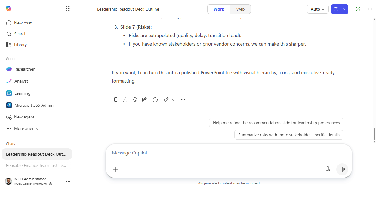Copilot flagging its least-confident slides and offering to build a PowerPoint file