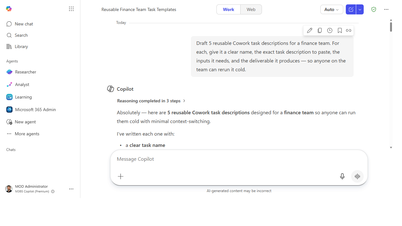 Prompt asking Copilot to draft five reusable Cowork task recipes for a finance team
