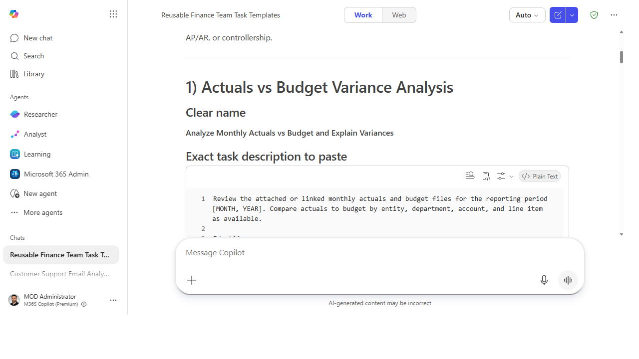 A finance recipe with a clear name, paste-ready task description, and the inputs it needs