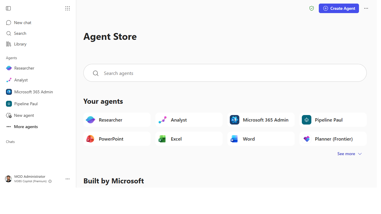 The Agent Store inside Microsoft 365 Copilot, showing pinned agents in the rail and a catalog of agents.