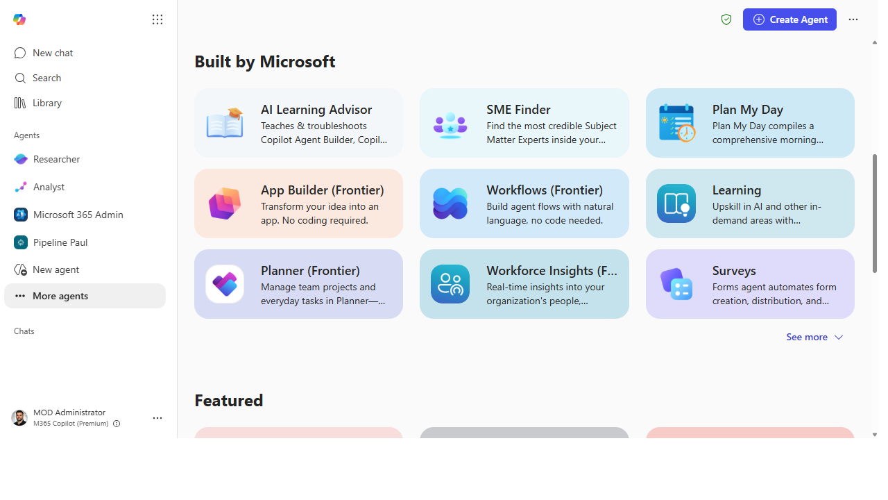 The "Built by Microsoft" section of the Agent Store listing first-party agents like Learning, Workforce Insights, and Planner.