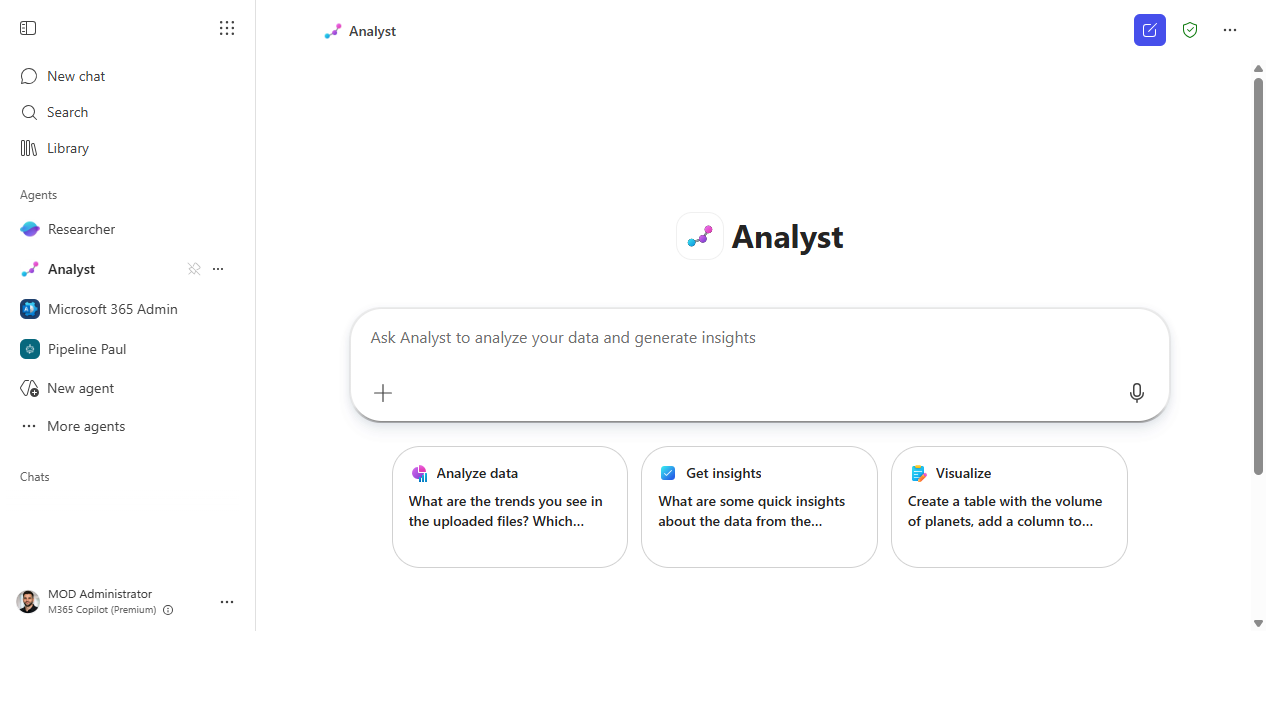 Analyst agent open in Microsoft 365 Copilot