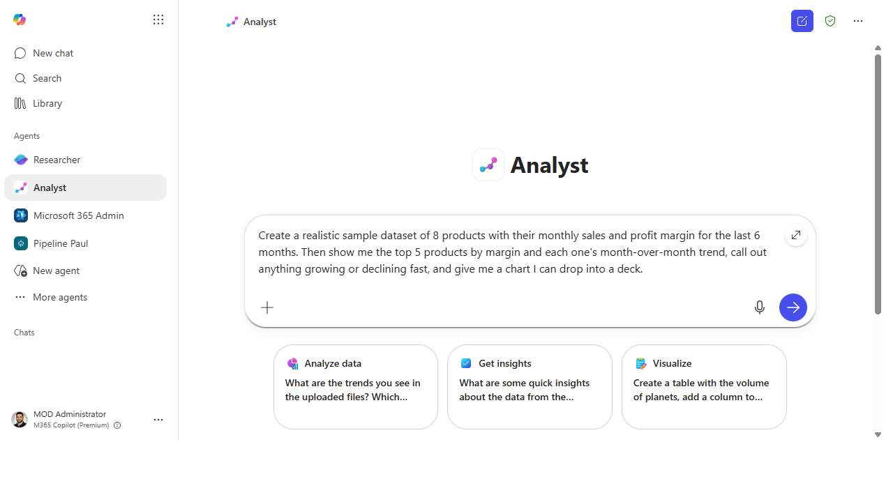 A specific, measurable analysis prompt entered in the Analyst composer