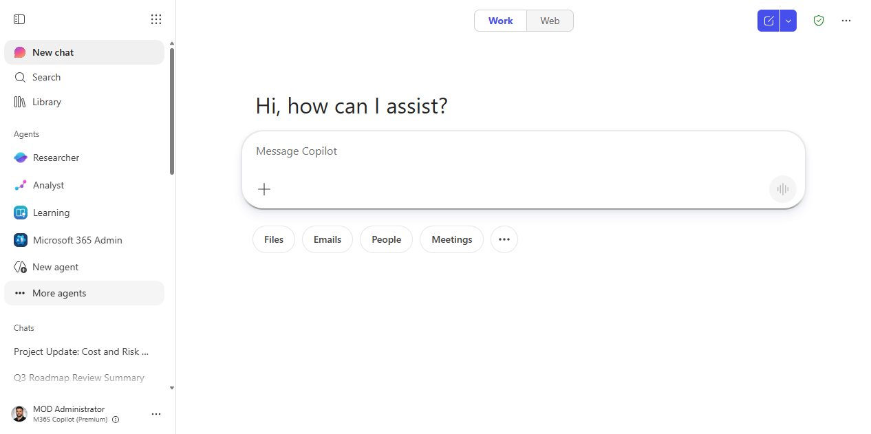 Microsoft 365 Copilot Chat open in Work mode
