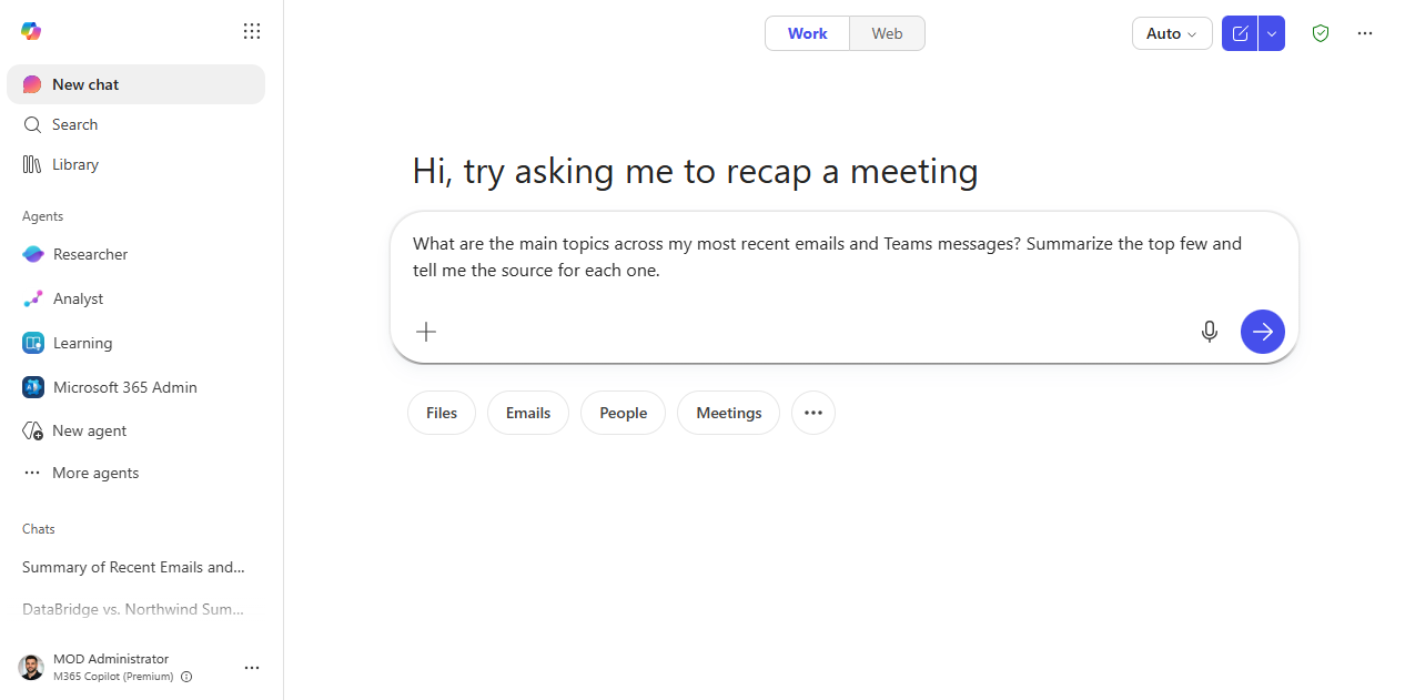 The BizChat question typed into the composer
