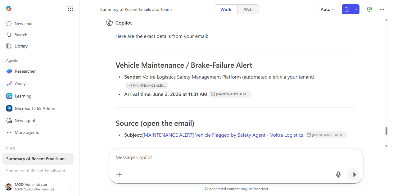 A follow-up answer identifying the sender and arrival time, with the source linked