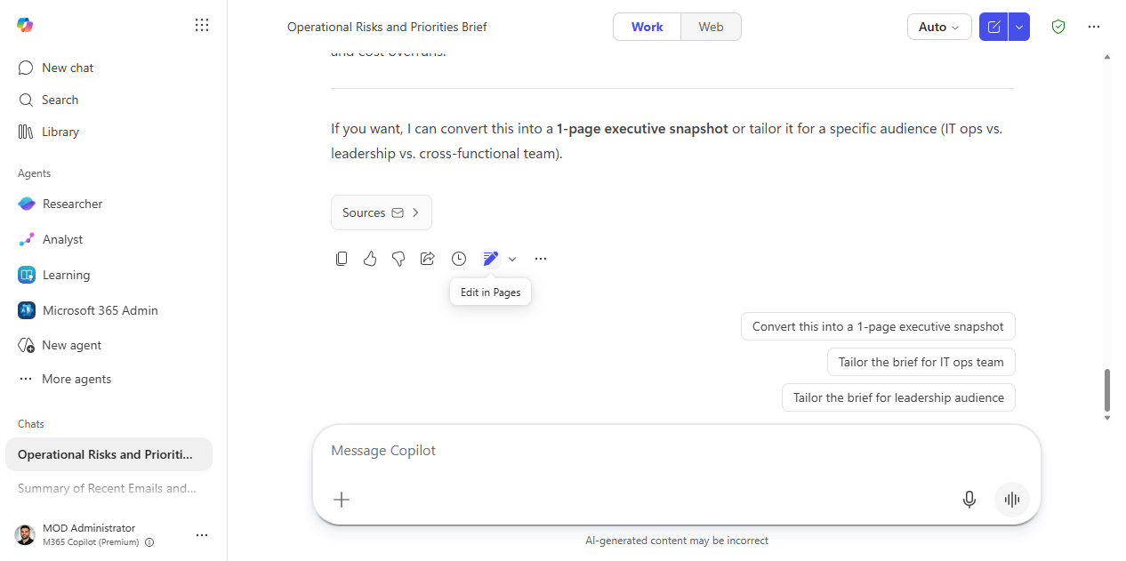 The Edit in Pages button in the Copilot response toolbar