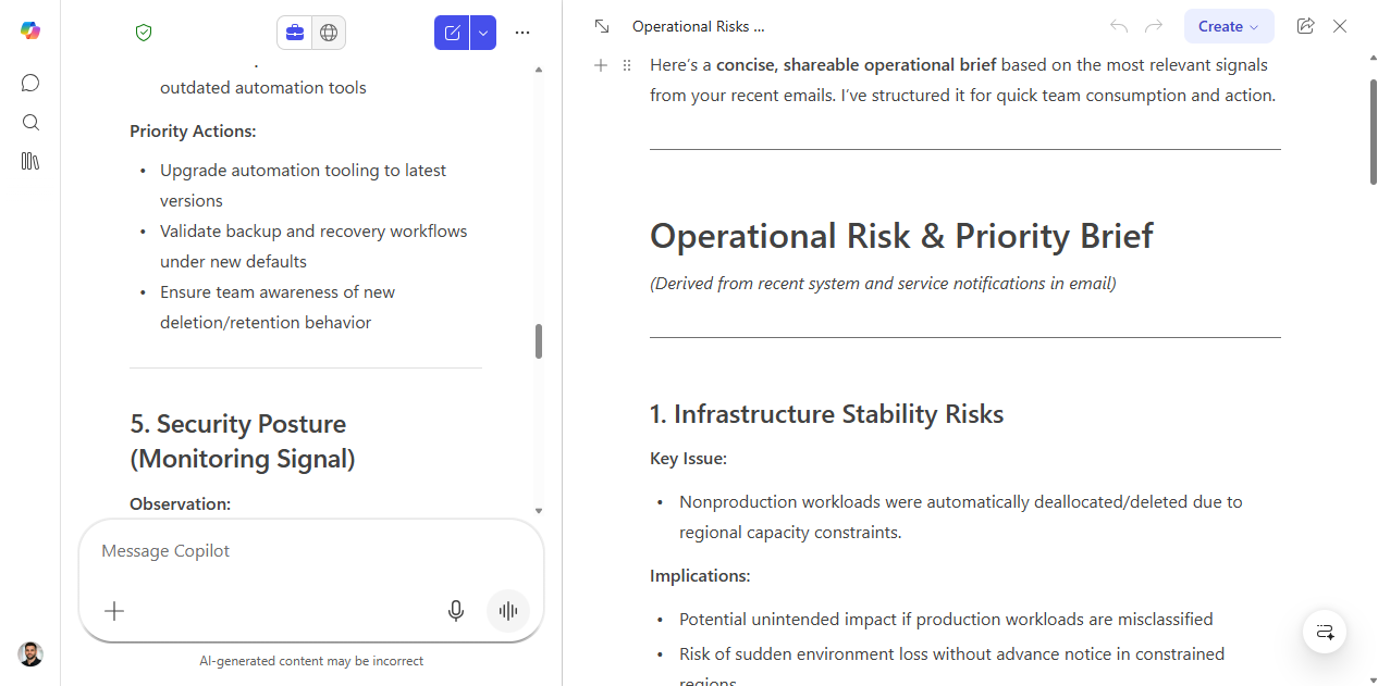 The Copilot response opened as an editable page