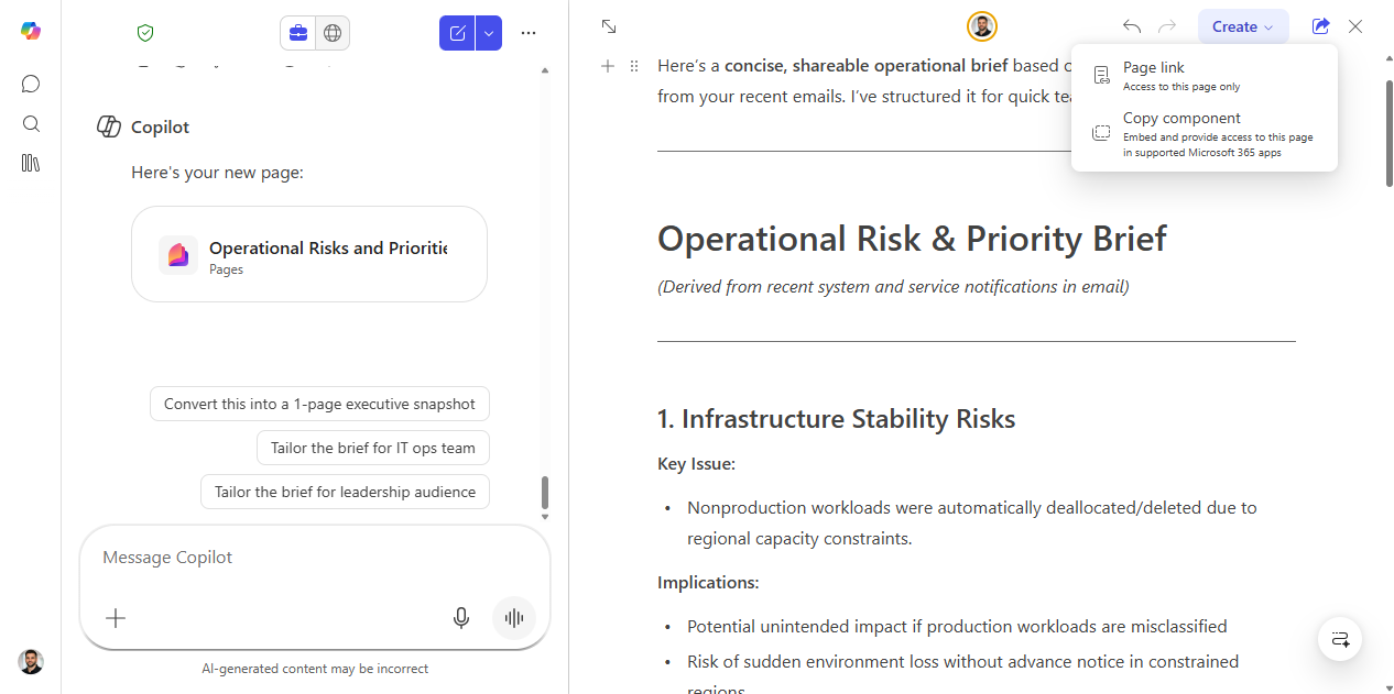 The Share menu on the Copilot Page