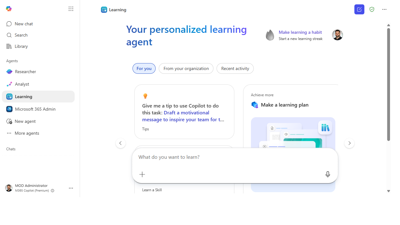 The Learning agent's personalized landing page with a "What do you want to learn?" prompt box.