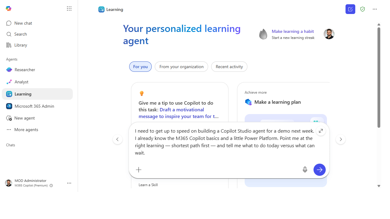 A goal-and-deadline learning prompt typed into the Learning agent's composer.
