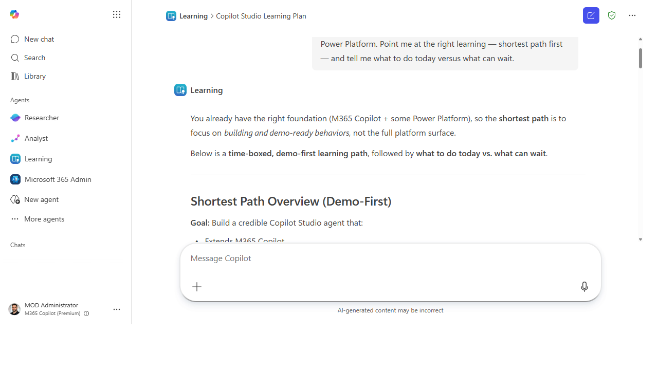 The Learning agent's time-boxed "Copilot Studio Learning Plan" response with a demo-first overview.