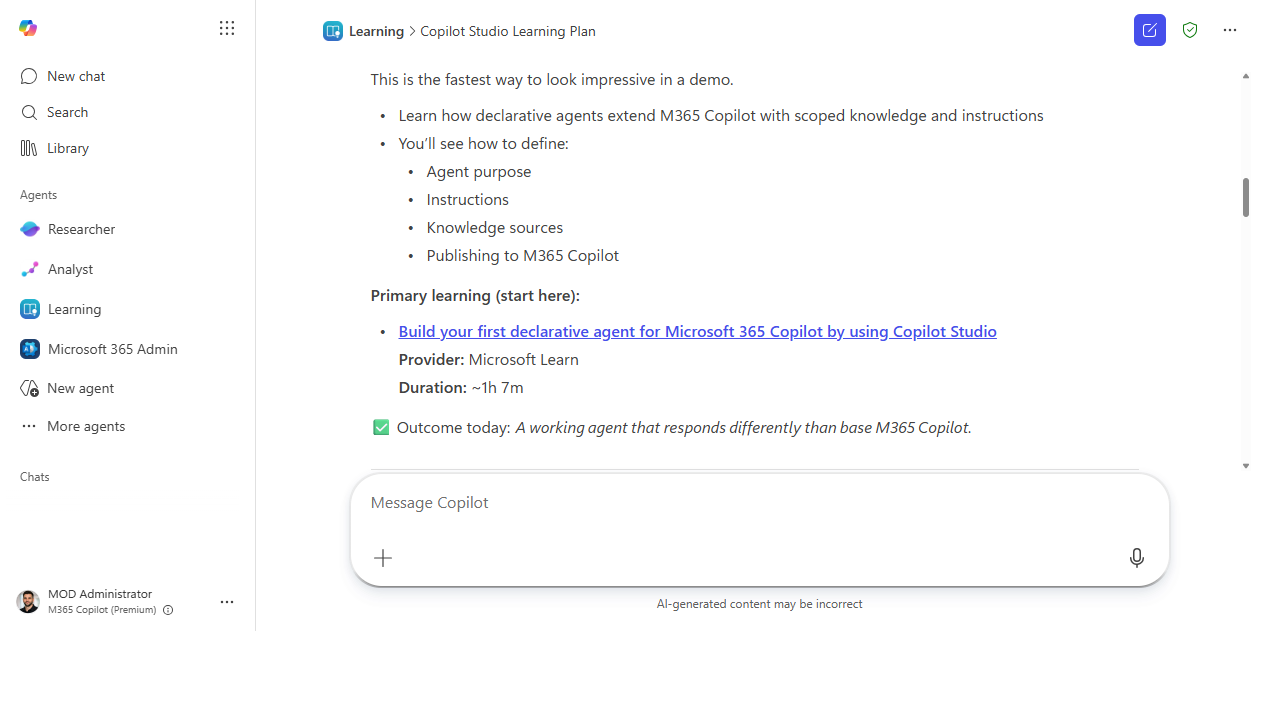 A specific Microsoft Learn course recommendation with provider and duration inside the Learning agent's plan.