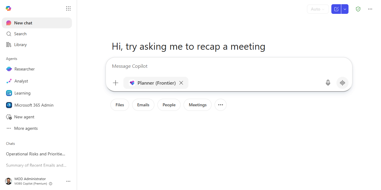 The Planner agent attached to a new Copilot chat
