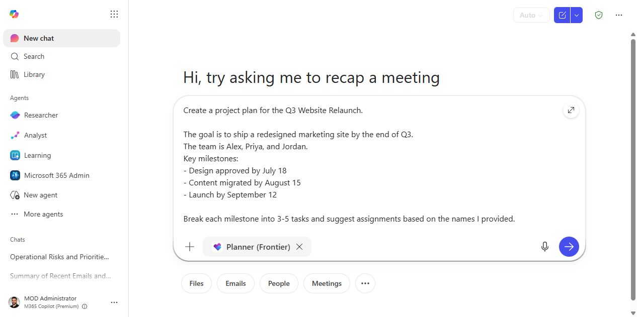 The project-plan prompt entered in the composer