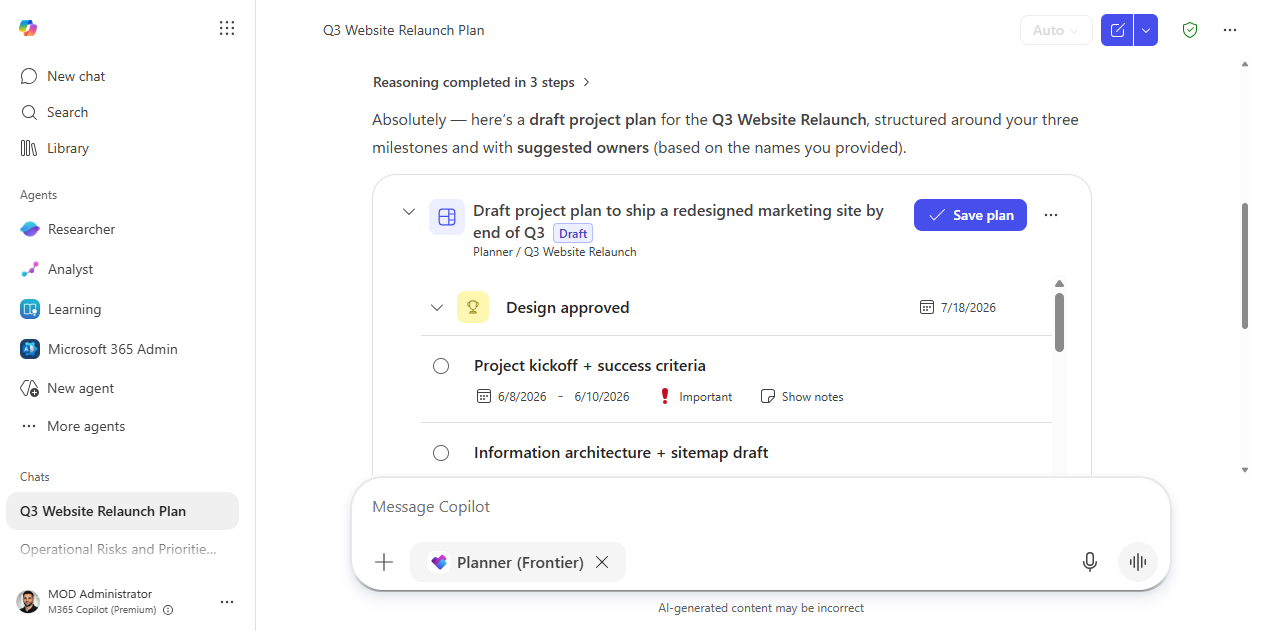 The generated project plan with milestones, tasks, and a Save plan button