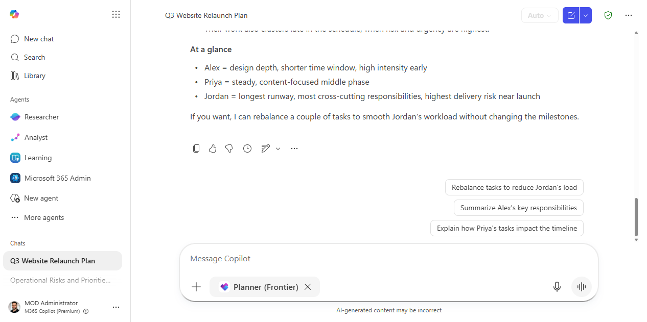 A plain-language workload summary from the Planner agent